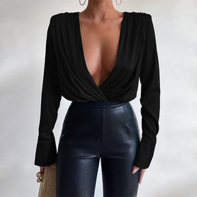 Women Sexy Deep V-neck Stain Silk  Bodysuit Fashion Casual Solid Long Sleeve Body Tops