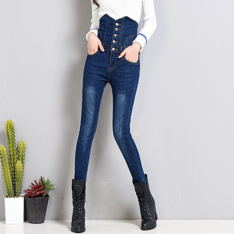 Velvet Womens High Waist Black Blue Skinny Jeans Fashion Fleece Warm Stretch 5 BUCKLES Pencil Denim Pant