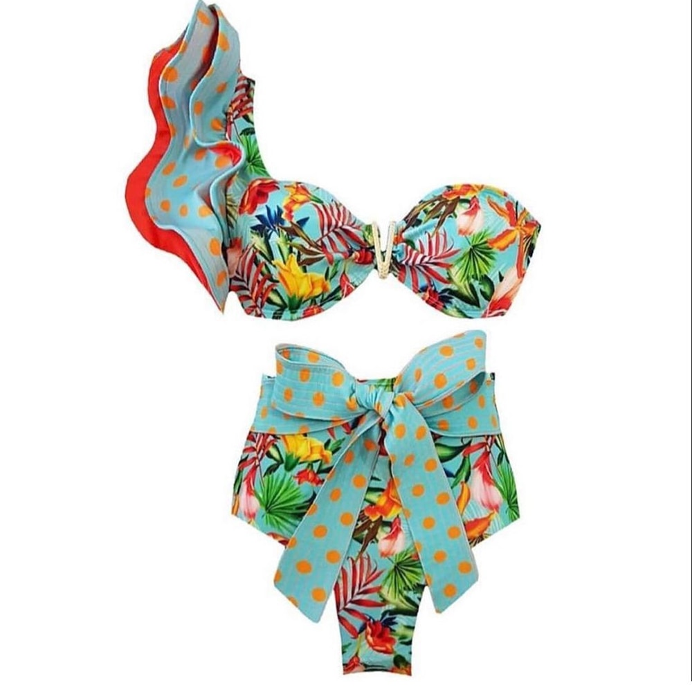 One Shoulder Swimsuit Print Bikinis Brazilian Bikini Set High Waist Swimming Suits Bathing Suit Summer Beachwear