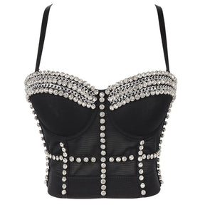 Sexy Black Beading Bra Camis Tank Top with Rhinestone Bling Women Corset Underwear Party Club Red White Vest Tops High Quality