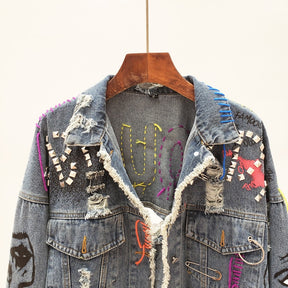 Streetwear Fashion Rivet Letter Graffiti Print Denim Jacket