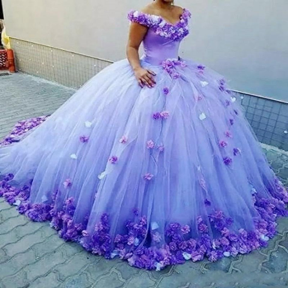 Purple Ball Gown Tulle Flowers Fluffy Off The Shoulder Evening Dress Long Prom Dress