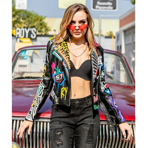 Leather Jacket Women Graffiti Colorful Print Biker Jackets and Coats PUNK Streetwear Ladies Clothes
