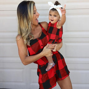 Mother and Daughter Clothes Plaid Sleeveless Mom Daughter Jumpsuits Fashion Mommy and Me Clothes