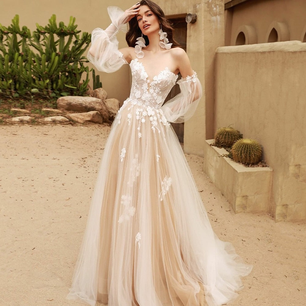 Tulle Puffy Sleeves Sexy V-Neck A-Line Wedding Gown Lace Appliques Princess Tulle  Dresses  2022 Beach Bridal Dress Bohemian