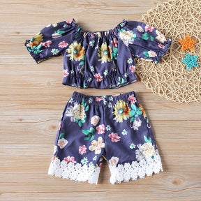 Summer Thin Suit Flower Sling Top+Denim Shorts 2Pcs Clothing Sets