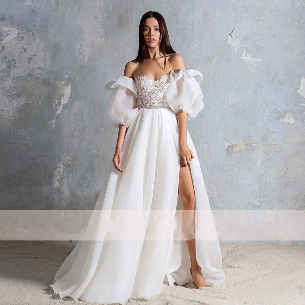 Princess Puff Sleeves Wedding Dresses Long  Women Simple Organza Robe De Mariee A-Line Wedding Gown Sweetheart Lace Split