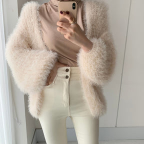 Fashion Chic Women Solid Color Mohair Sweater Cardigan New Autumn Winter Soft Knitted Lantern Sleeve