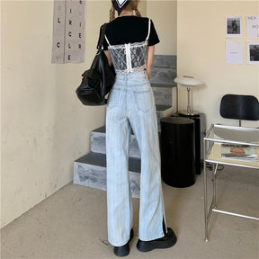 Ins Fashion Summer Split Jeans Women Harajuku Vertical Stripe Denim Trousers Ladies High Waist Heart Design Vintage All-match BF