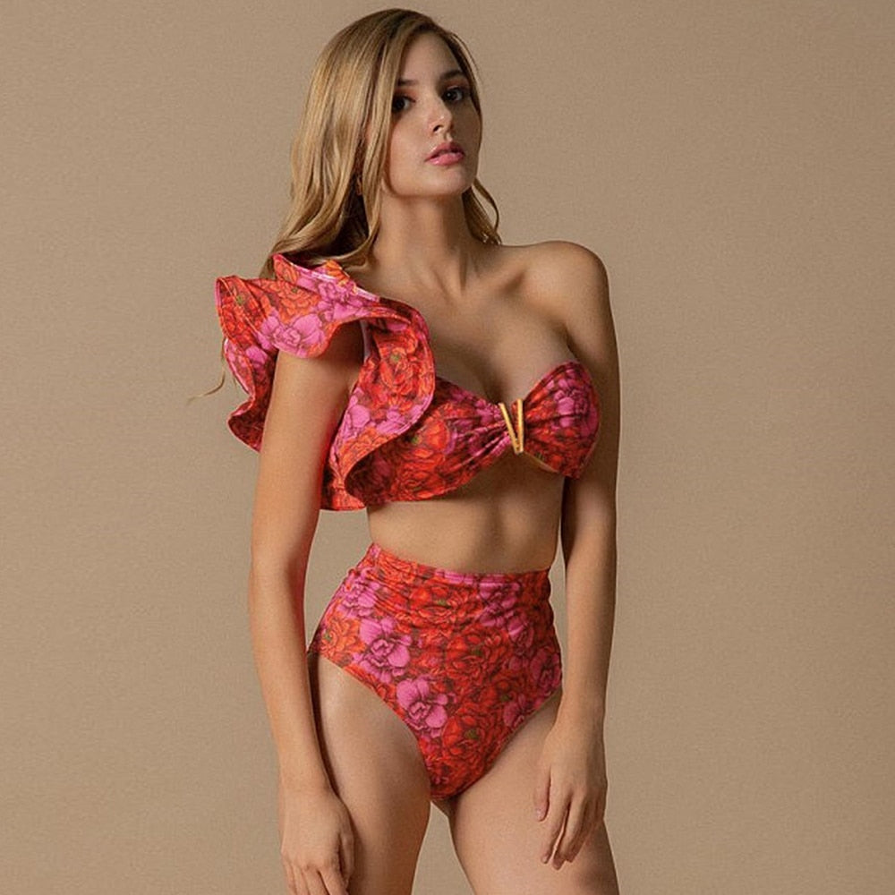 New High Waist Bikini Set One Shoulder Swimsuit Print Floral Brazilian Swimming Suit Bathing Suit Summer Beach Wear biquini