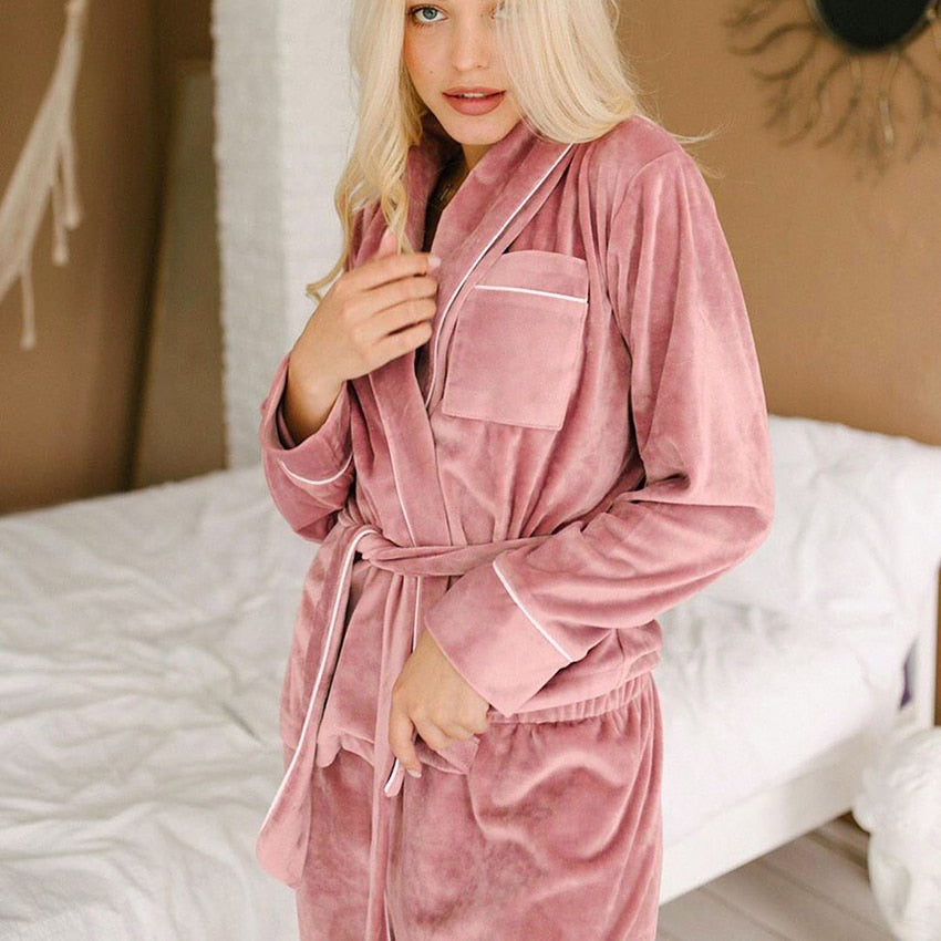 Velvet Warm Pajamas For Women Bathrobe Female Set Solid Pocket Long Sleeves Nightgowns Women Clothing Sleepwear Casual Robe Sets