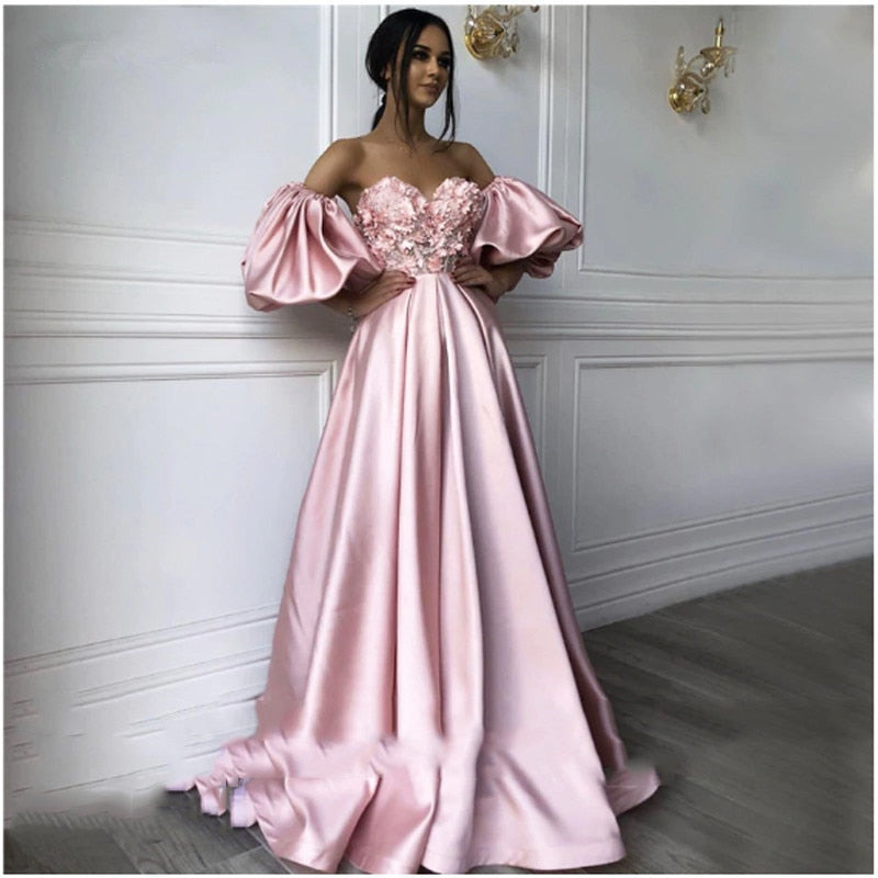 Pink Sweetheart Neck caftan Satin Evening Dresses Flowers Short Sleeve special Occasion Dresses Evening Party Gowns