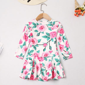 Mom and Daughter Dress Fashion Floral Long Sleeve Mommy and Me Clothes Family Matching Outfits Women Girls Knee-length Dress