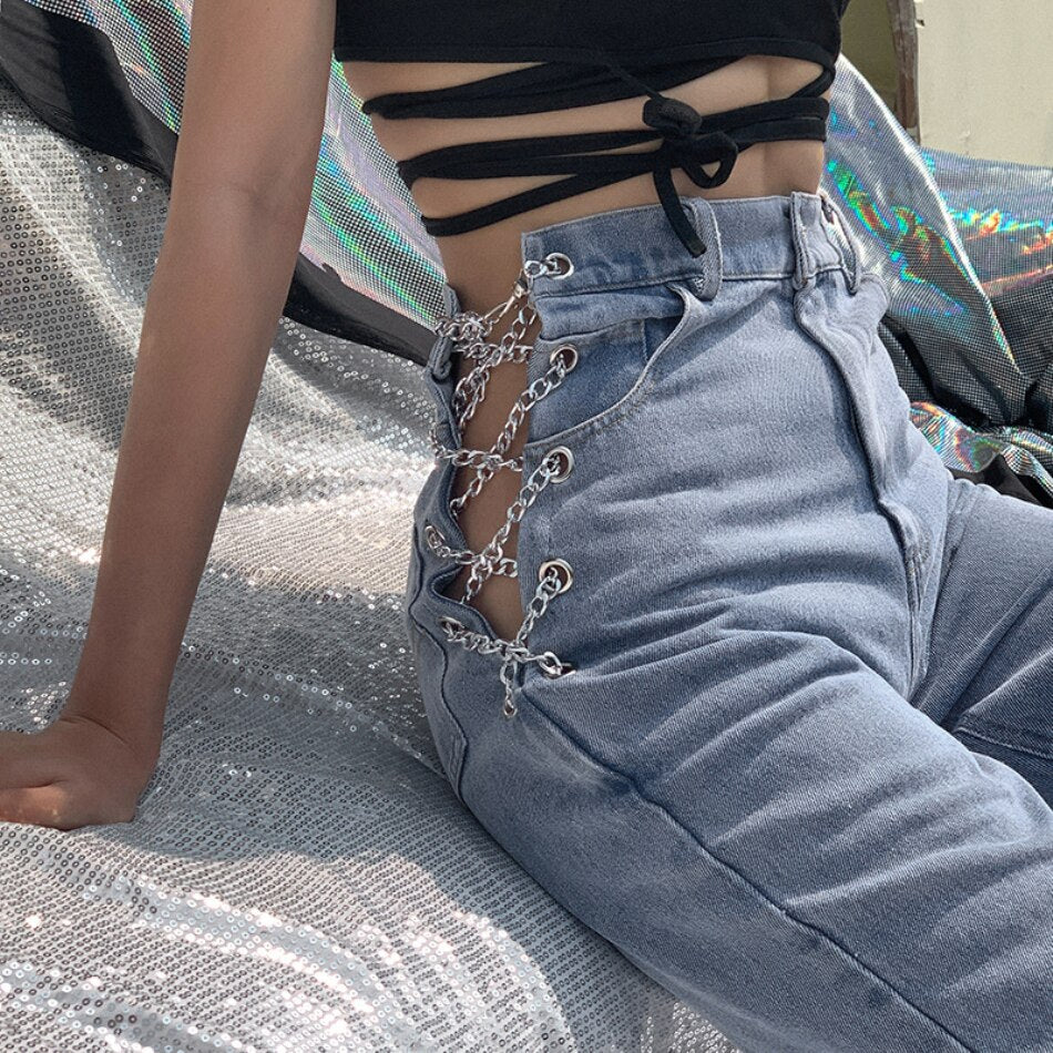 High Waist Hollow Out Chain Design Slim Jeans Woman Leisure Streetwear Commute High Quality Strgight Pants
