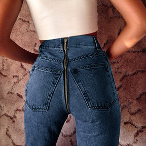 Sexy Back Zipper Long Jeans  Women Classic High Waist Skinny Pencil Light Blue Denim Pants  Elastic Stretch Jeans