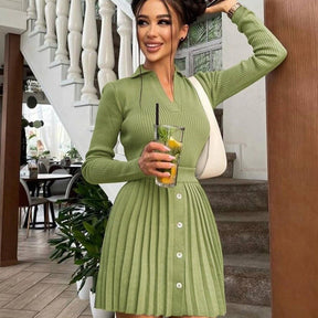 Knitted Pleated Skirt Set Women Sexy Long Sleeve Slim Tops And High Waisted Mini Skirt Dress Two Piece Set