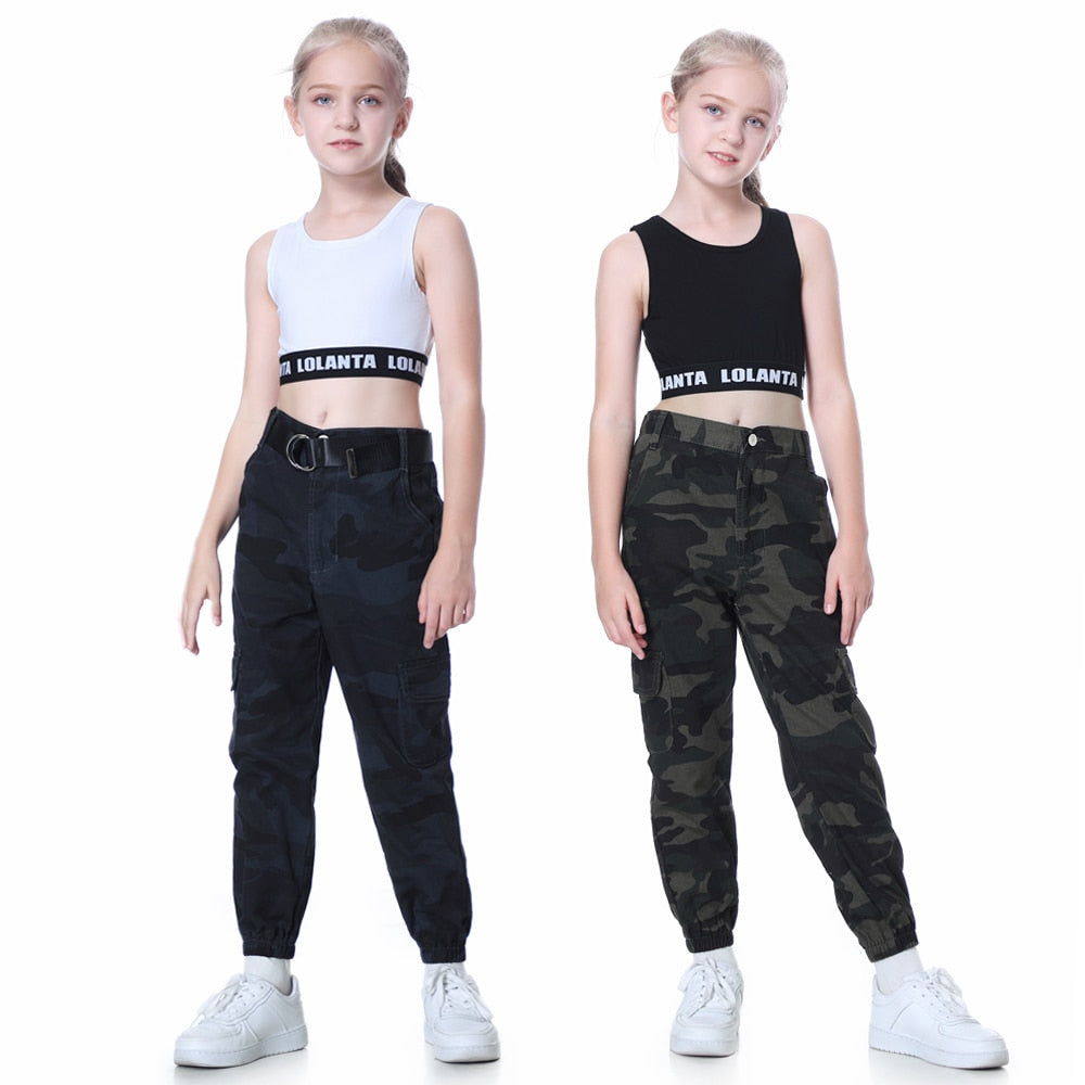 Girls Hip Hop Street Dance Solo Clothes Cropped Tank Top/Camouflage Jogger Pants