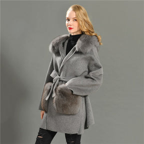 Cashmere Wool Coat with Fox Fur Hood Winter Big Fox Fur Pockets Belted Jackets Solid Color Coat Female Outerwear