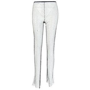 Crystal Diamond Shiny Women Pants Summer New Fashion Hollow Out Fishnet Wide Leg Trousers Sexy See Through Beach Pant