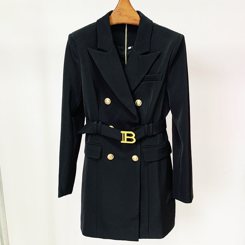 designer Style Women Long Sleeve Notched Collar Lion Buttons Double Breasted Belted Blazer Dress