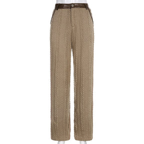 Fashion Cable Knit Pants Women High Waisted Khaki Straight Leg Trousers Streetwear Bottoms