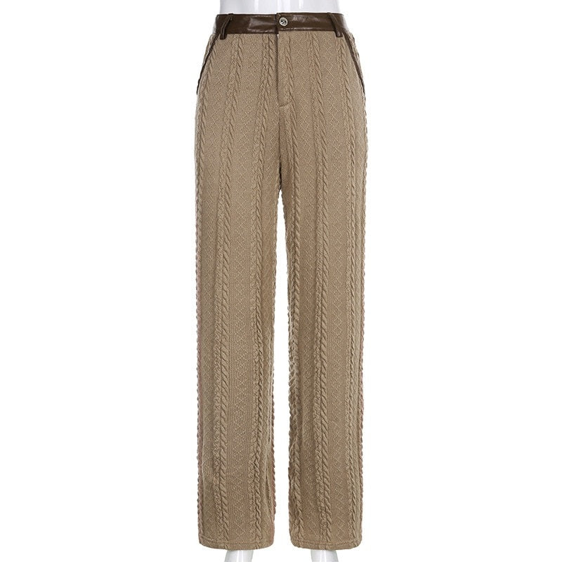 Fashion Cable Knit Pants Women High Waisted Khaki Straight Leg Trousers Streetwear Bottoms