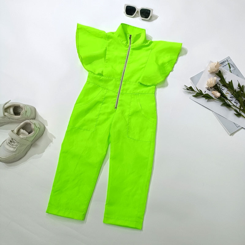 r Girl Fashion Fly Sleeve Jumpsuit Bodysuit Clothes Green ChildreN Girls Overalls Kids Zipper Romper Party Clothing