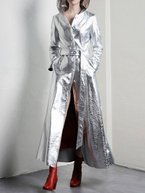 Extra Long Cool Silver Shiny Reflective Pu Leather Trench Coat for Women with Hood Luxury Runway Fashion
