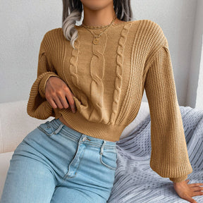 casual Twist Balloon Sleeve Nipped Waist Knit Sweater For Ladies Fashion All Match Chic Tops