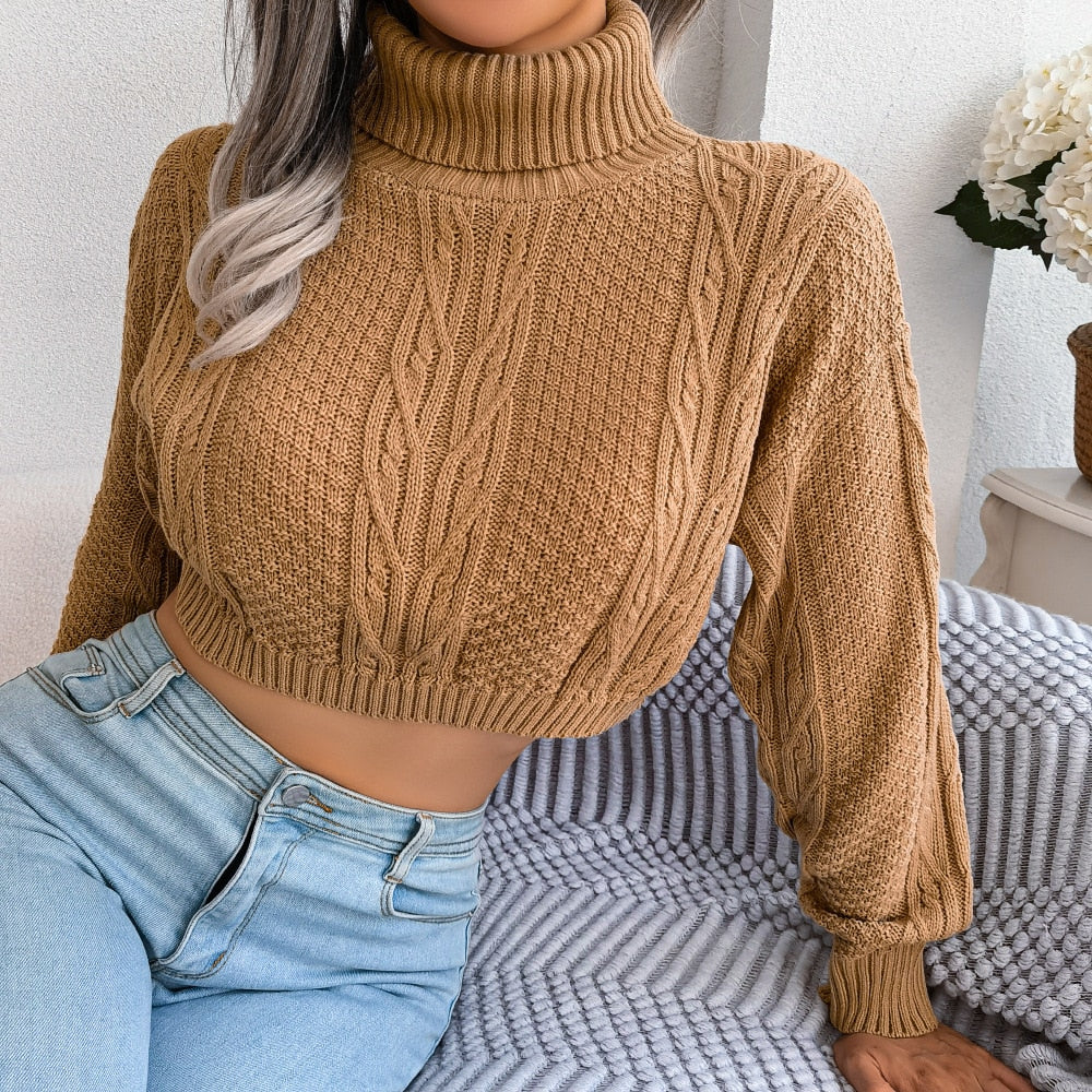 Fall Winter Casual Twist Long Sleeve Turtleneck Crop Knit Sweater For Ladies Fashion All Match Short Tops