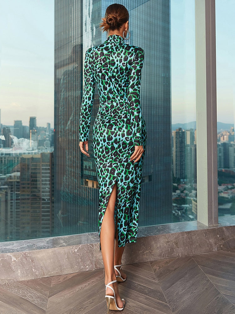 Warm Dress Women Fashion Leopard Print Back Split Midi Celebrity Party Evening Dress Vestido