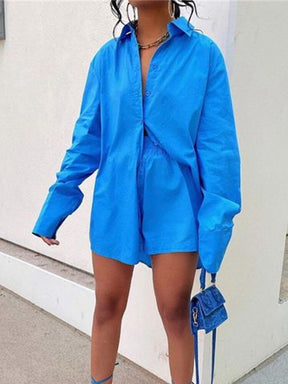 Women Tracksuits Summer Long Sleeve Shirt With High Waist Shorts Outfits 2022 Casual Yellow Loose Beach Two Pieces Set Y2K