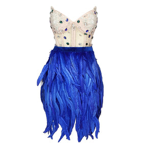 Fashion Luxury Diamond Beaded Feather Strapless Skinny Sexy Party Evening Mini Dress