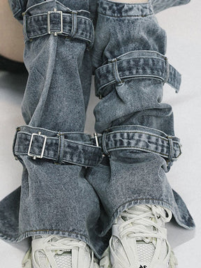 Cotton Jeans Patchwork Strap Leg Cover Splicing Washed Blue Denim Pants Spring 2023 Trend New 17A5655