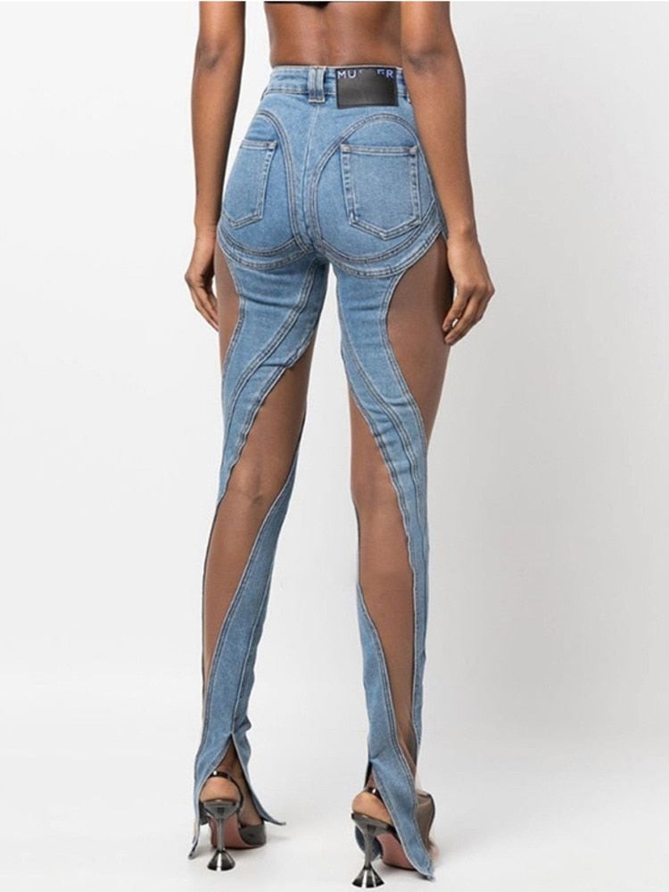 Jeans High Waist Spiral Hollow Out Mesh Design Sense Stitching Slit Denim Pants Autumn 2023 New Tide WY140