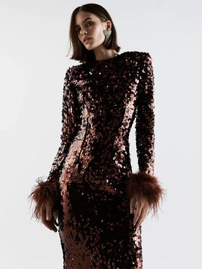 Sexy O Neck Long Sleeve Luxury Sequins Feather Long Dress Eelgant Black Long Sleeve Bodycon Midi Dress Celebrity Party Evening