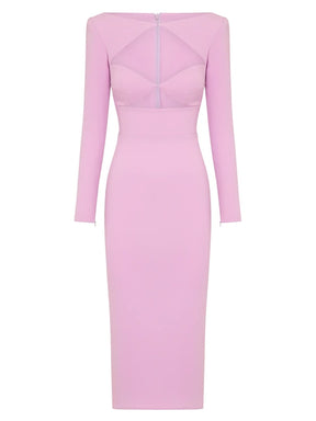 Sexy O Neck Long Sleeve Cutout Long Bandage Dress Elegant Pink Long Sleeve Hollow Out Bodycon Dress Celebrity Club Party Dress
