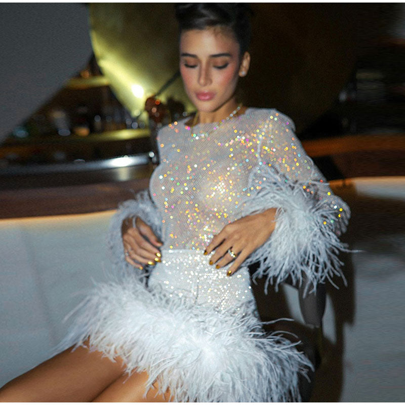 Feather Full Sleeve Mini Dress Women Set Mesh Sequin Club Party Evening Summer Dresses Two Piece Sets Women 2022 Outfit