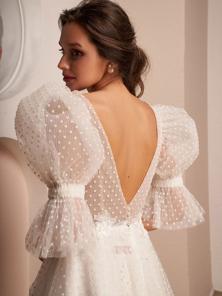 Short Wedding Dresses 2022 V Neck Backless Pearls Appliques Half Puff Sleeves Bridal  For Women Custom Made Civil Robe De Mariee