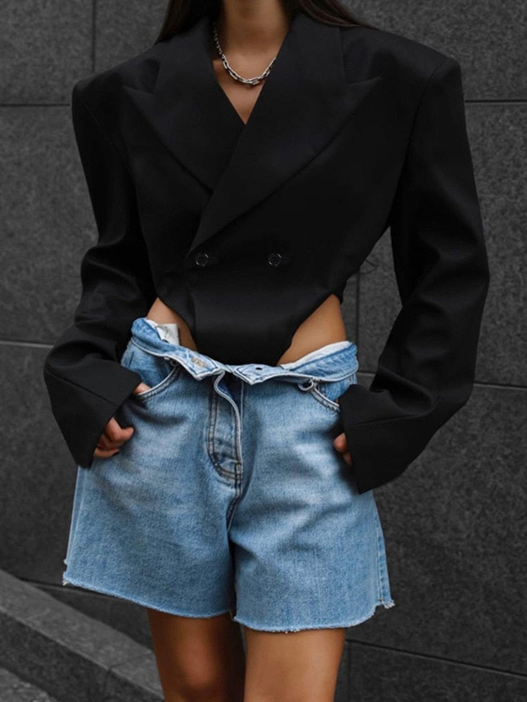 Black Short Blazer Women Top Notched Collar Full Sleeve Sexy Bodysuit Ladies
