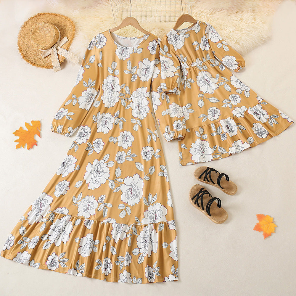 Mother Daughter Dresses Spring Autumn Long Dresses Floral Print Long Sleeve Mommy and Me Family Matching Clothes Family Look