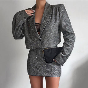 Sexy Glitter Elegant Women Blazer Skirt Suit Long Sleeve Tops and Mini Club Wrap Party Dress Skirt Two Piece Set