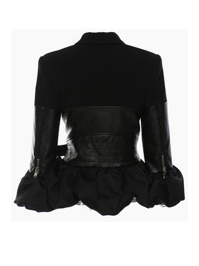 Loose Black Leather Sashes Zippers Ruffkes Hem Jacket New Lapel Long Sleeve Women Coat Fashion