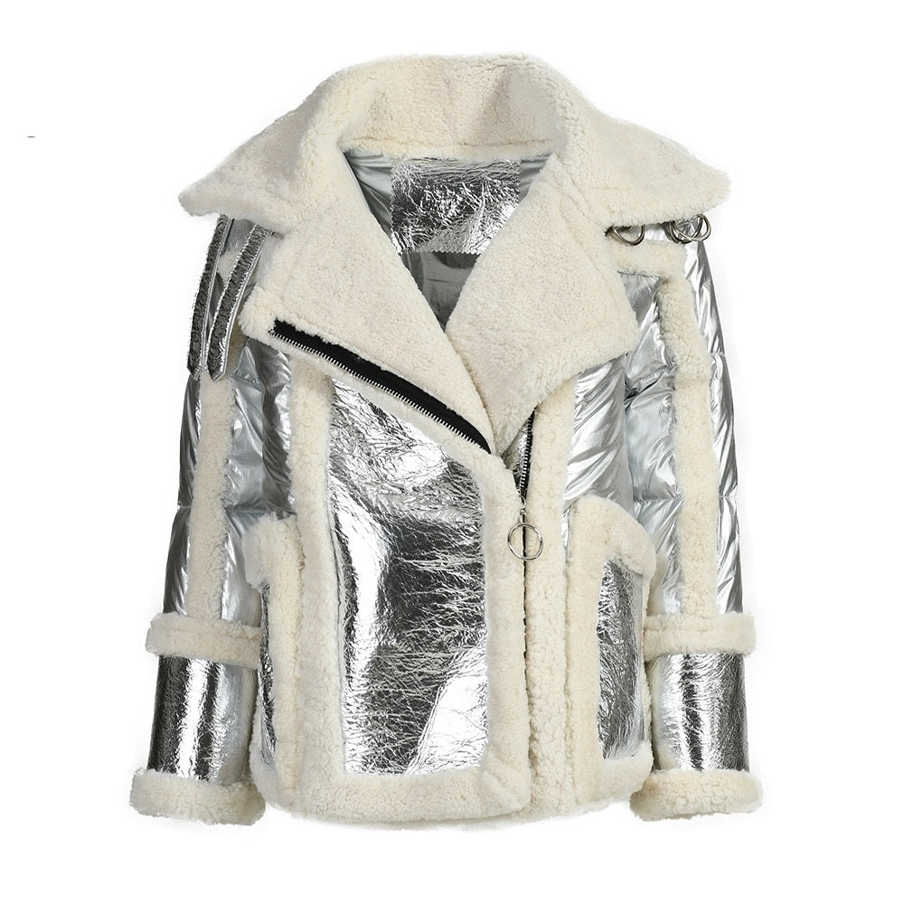 Down Jacket Female Winter Women Real Lamb Fur Coats Fashion Bright Silver Leather Jackets Super Warm Full Sleeves