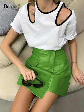 Autumn Green Leather Skirts Womens  Elegant High Waist Office Lady Patchwork Mini Skirt Fashion Sexy Short