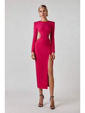 Sexy Hollow Out Long Sleeve Dress Backless Bandage Dress Elegant Rose Red O Neck Lace-up Backless  Party Club Evening Dress