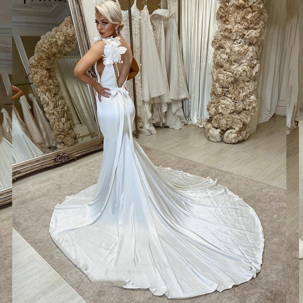 Sexy Mermaid Wedding Dress Sleeveless 3D Flowers Vestidos de novia V Neck Bridal Gown  For Women Robe De Mariee Customize