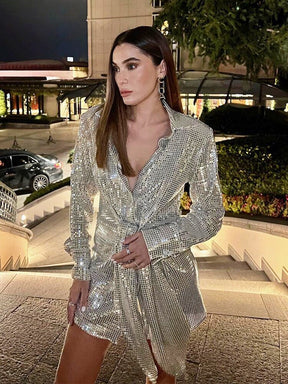 Glitter Silver Top Sequin Shirt Long Sleeve Bling Jacket Blouse Dress With Belt Women Fall Clothes Party