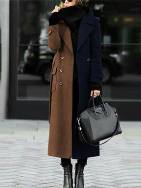 Vintage Jacket Women Fashion All-match Color Block Woolen Coat Office Lady Casual Turn-down Collar