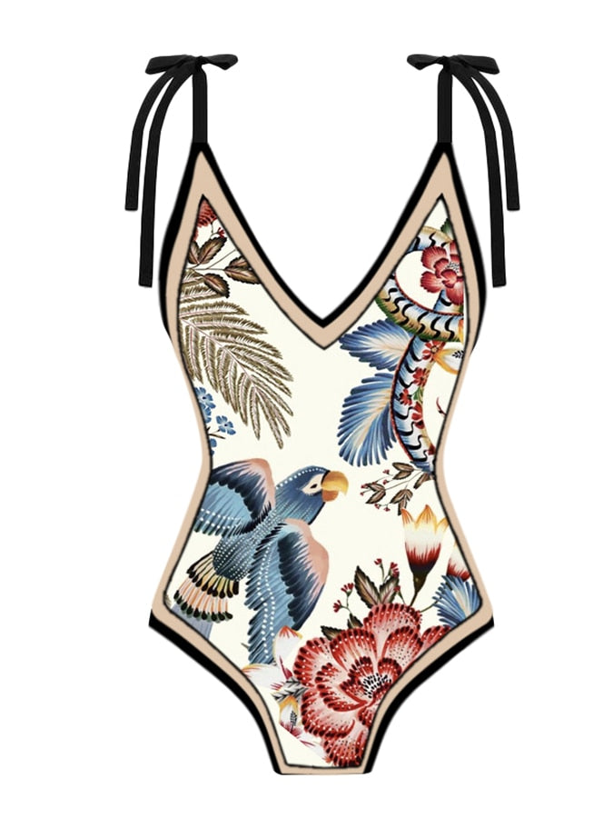 Vintage Color Block Floral Print One-Piece Swimsuit Set Sexy Lingerie For Women Beach Dress Elegance Luxury Slim Fit